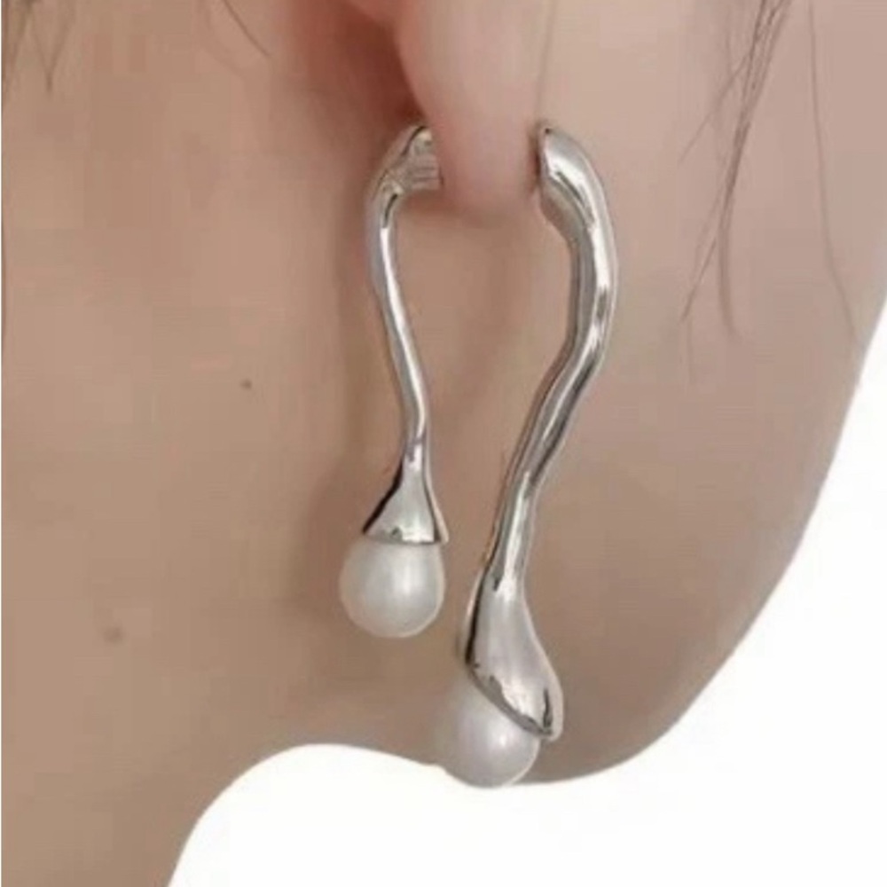 UNIQUE Front Back Earrings Drip Drop Dangle Silver Pearl AU03